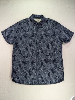 Jean Pascale Mens L Navy Blue Monstera Leaf Linen Blend SS Shirt